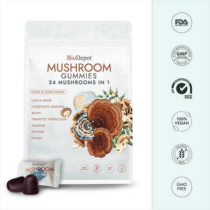 Mushroom Gummies with Mega Lion’s Mane, Cordyceps & Reishi 24 in 1 Supplement Natural Brain Focus, Memory & Energy Support Coffee Alternative for Mental Clarity & Immune System,Relieve Fatigue & Build Emotional Resilience