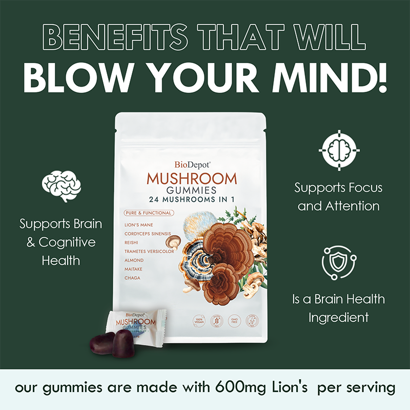 Mushroom Gummies with Mega Lion’s Mane, Cordyceps & Reishi 24 in 1 Supplement Natural Brain Focus, Memory & Energy Support Coffee Alternative for Mental Clarity & Immune System,Relieve Fatigue & Build Emotional Resilience
