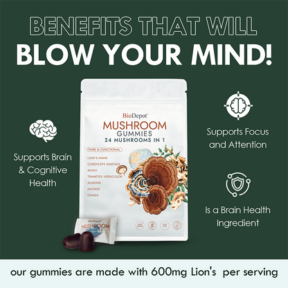 Mushroom Gummies with Mega Lion’s Mane, Cordyceps & Reishi 24 in 1 Supplement Natural Brain Focus, Memory & Energy Support Coffee Alternative for Mental Clarity & Immune System,Relieve Fatigue & Build Emotional Resilience